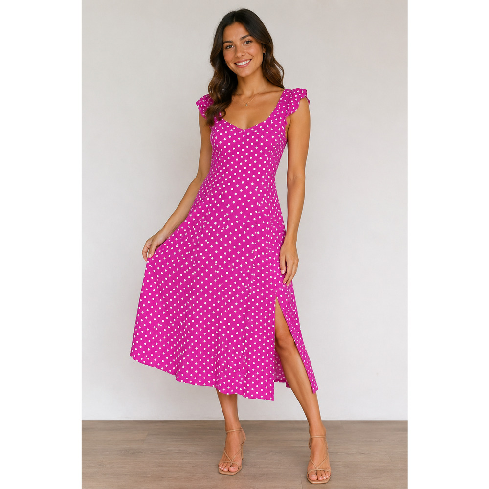 LOFT Dress Womens 16 Pink Polka Dot Flutter Sleeve Midi Sundress Side Slit